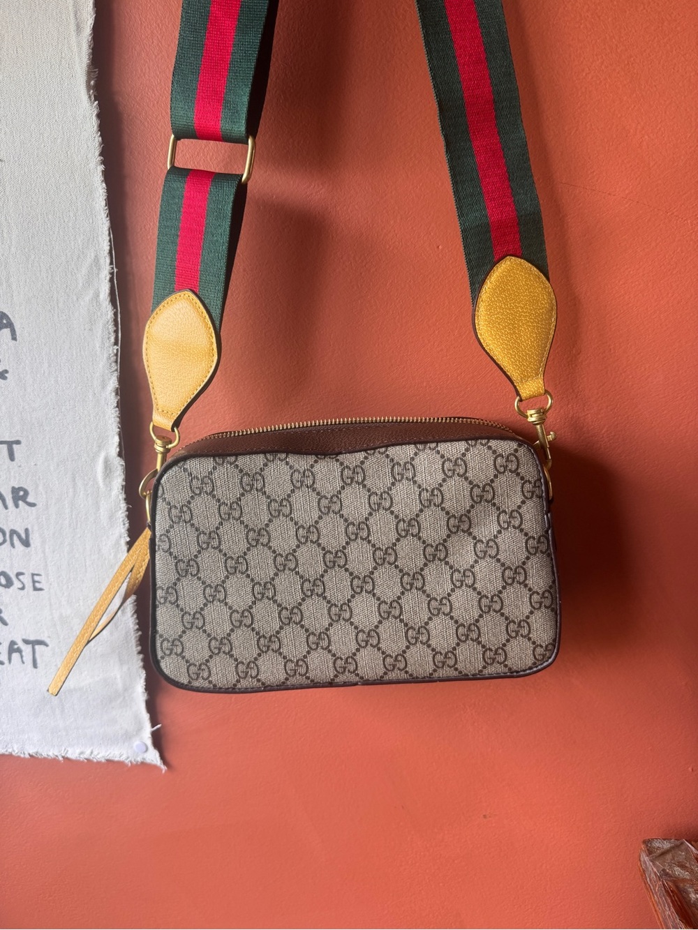 Gucci Beige GG Supreme Crossbody with Red & Green Web Strap and Yellow Accents - Picture 6 of 11